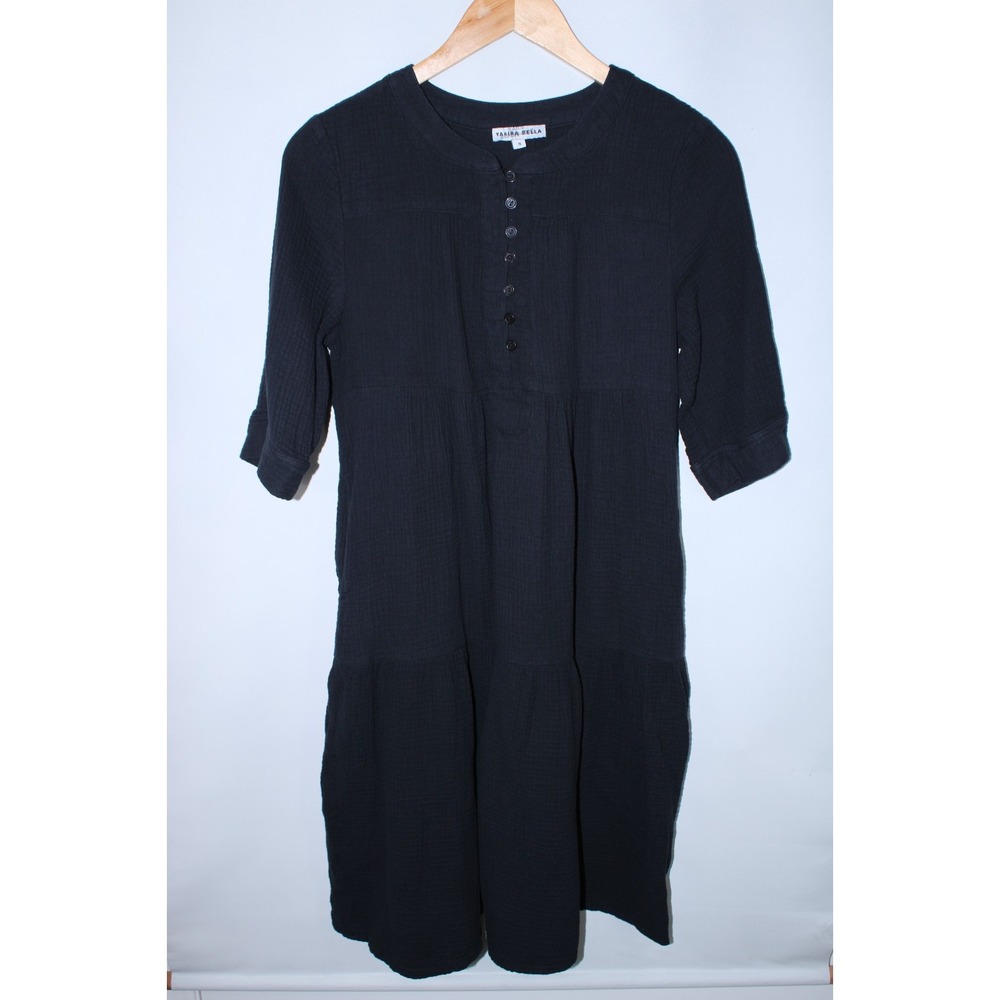 Yakira Bella Women's Black Gauze Henley Neck Short Sleeve Dress Size Small